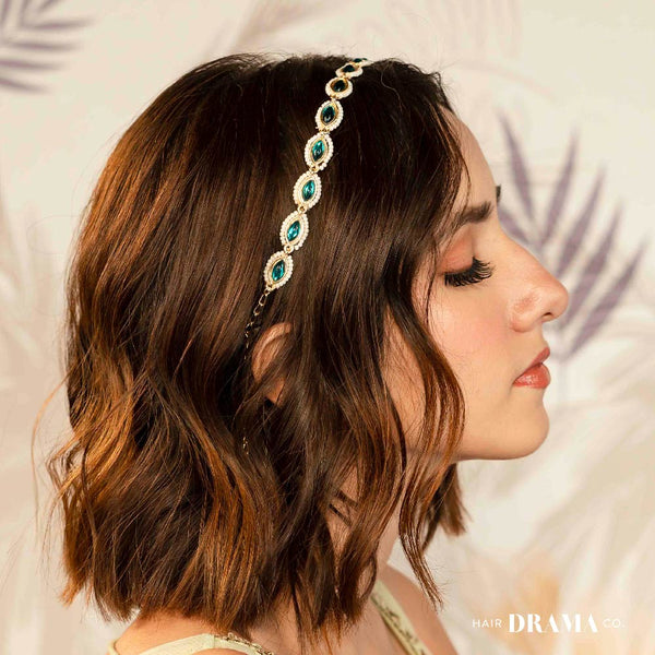 Gold-Plated Kundan, Polki and Pearls Studded Almond-shaped Head Chain - Emerald