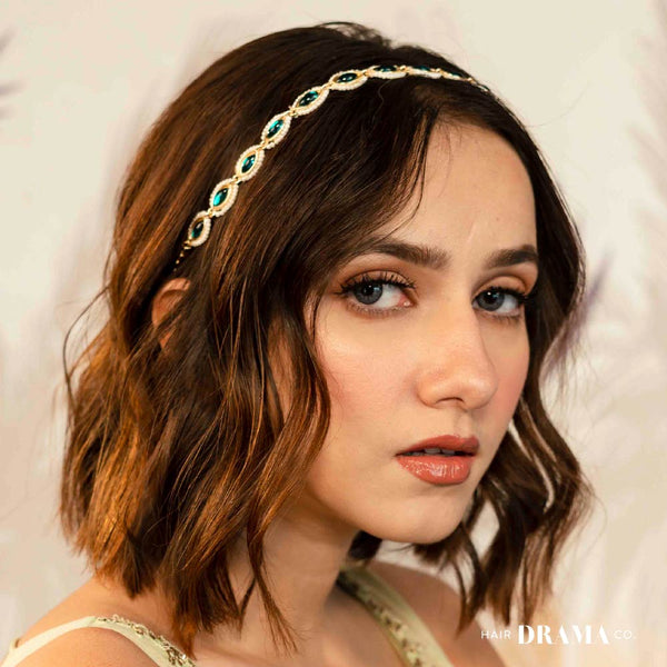 Gold-Plated Kundan, Polki and Pearls Studded Almond-shaped Head Chain - Emerald