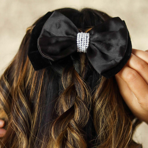 Embellished Velvet Hair Bow Alligator Clip - Black