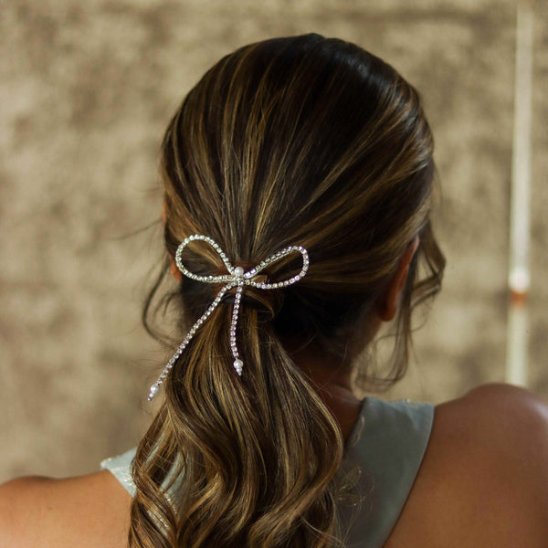 Crystal Hair Bow Alligator Clip - Silver