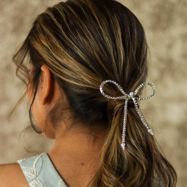 Crystal Hair Bow Alligator Clip - Silver