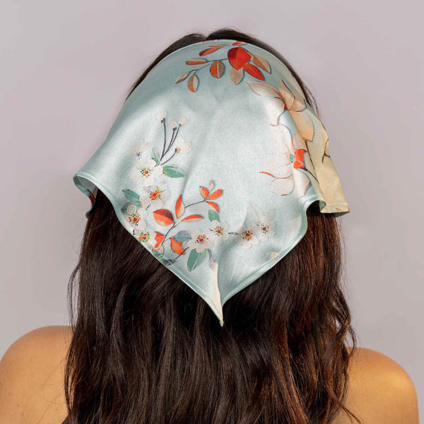 Blue Floral Satin Headscarf Headband with Elastic