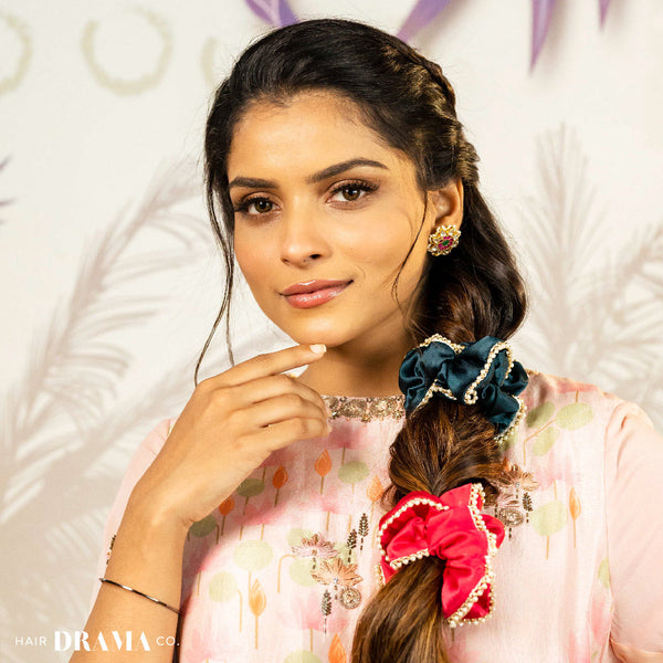 Set of 2 Silk Satin Scrunchies with Pearls - Pink & Green