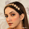 Peach and White Gold Plated Hair Band with Transparent stones and Off-White Pearls
