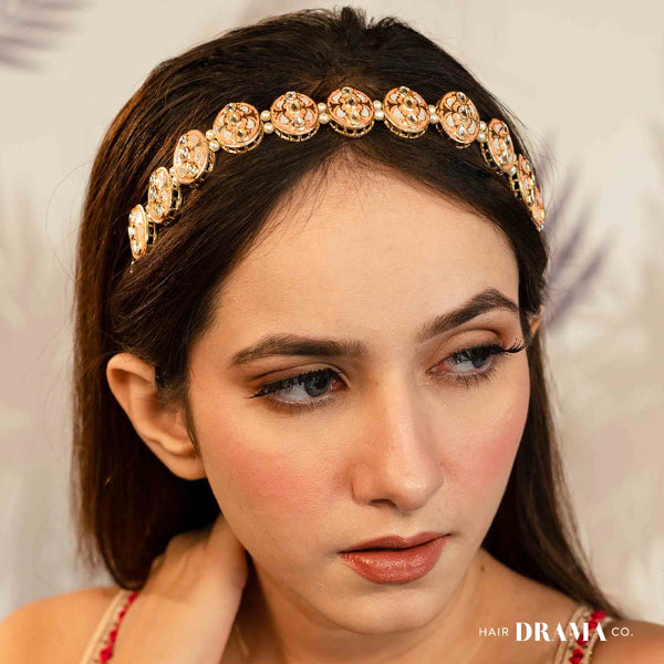Peach and White Gold Plated Hair Band with Transparent stones and Off-White Pearls