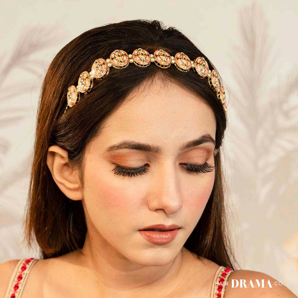 Peach and White Gold Plated Hair Band with Transparent stones and Off-White Pearls