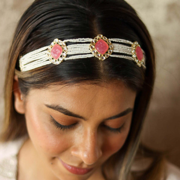 Gold Plated Hair Band with White Polki, Pearls and Enamel in Pink