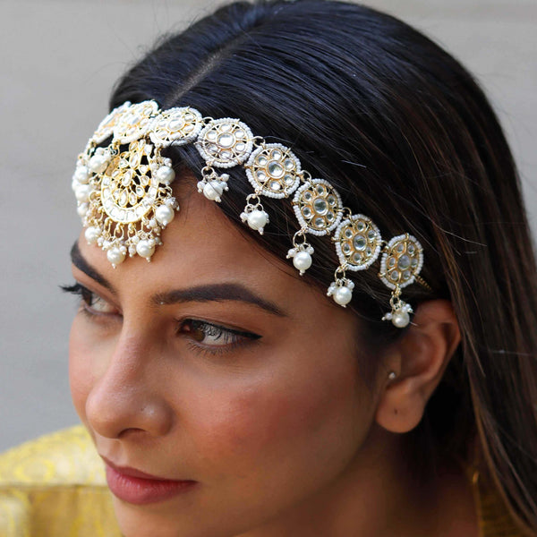 Gold Plated Mathapatti with Polki, Beads and White Pearl Drops