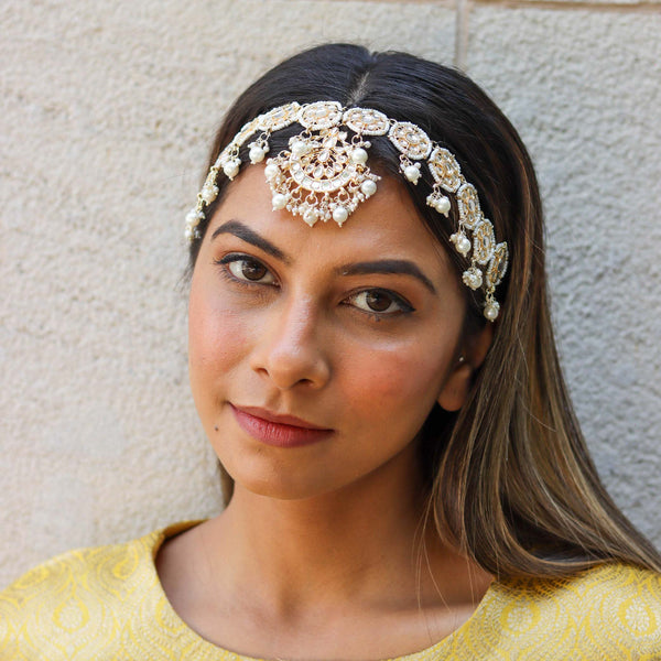 Gold Plated Mathapatti with Polki, Beads and White Pearl Drops