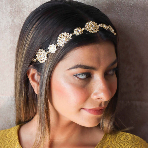 Gold Plated Hair Band with White Polki