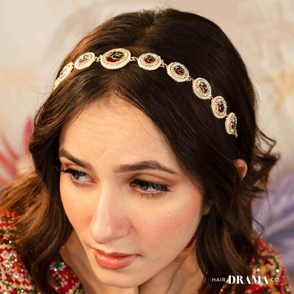 Gold Plated Peacock Hair Band with Pearls and Polki - Red & Green