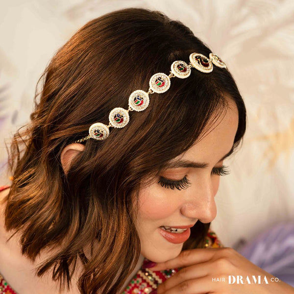Gold Plated Peacock Hair Band with Pearls and Polki - Red & Green