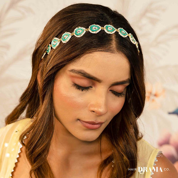 Gold-PlatedWhite Kundan & Polki Head Chain - Turquoise Green