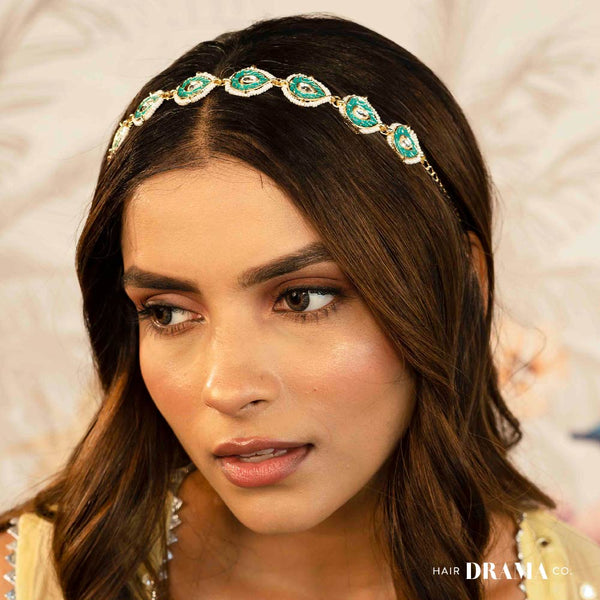 Gold-PlatedWhite Kundan & Polki Head Chain - Turquoise Green