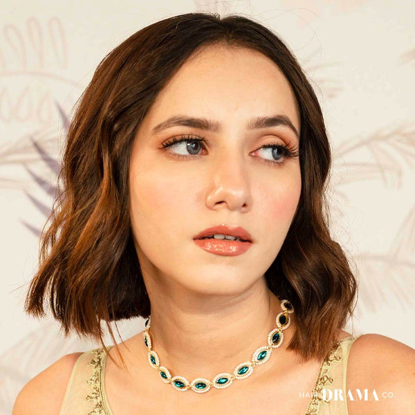 Gold-Plated Kundan, Polki and Pearls Studded Almond-shaped Head Chain - Emerald