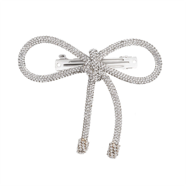 Crystal Hair Bow Barrette Clip - Silver