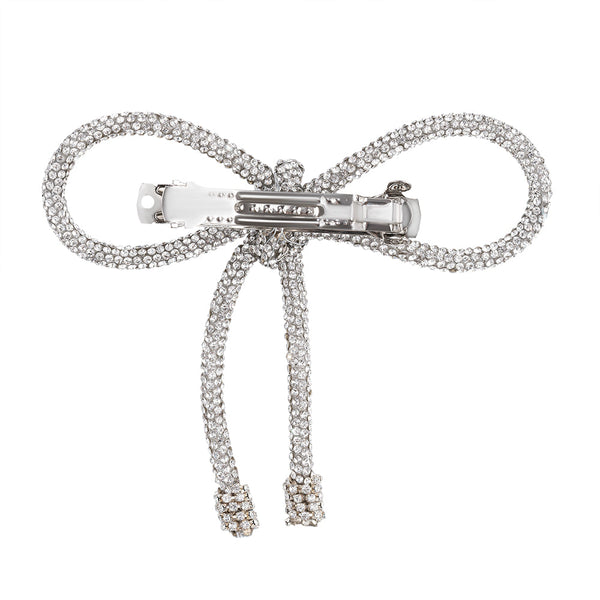 Crystal Hair Bow Barrette Clip - Silver