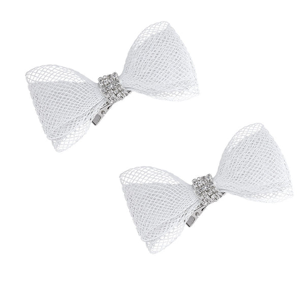 Crystal Net Hair Bow Alligator Clip - Silver