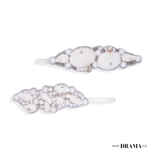Shell & Pearl Embellished Hair Pins - Set of 2 - Silver
