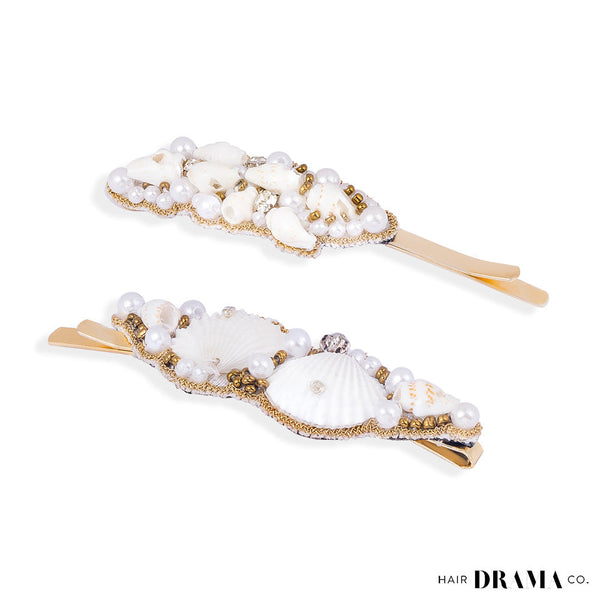 Shell & Pearl Embellished Hair Pins - Set of 2 - Gold