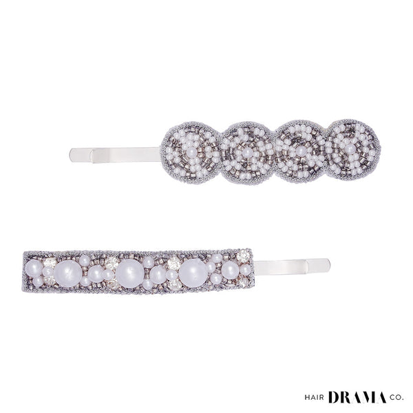 Pearl Embellished Hair Pins - Set of 2 - Silver