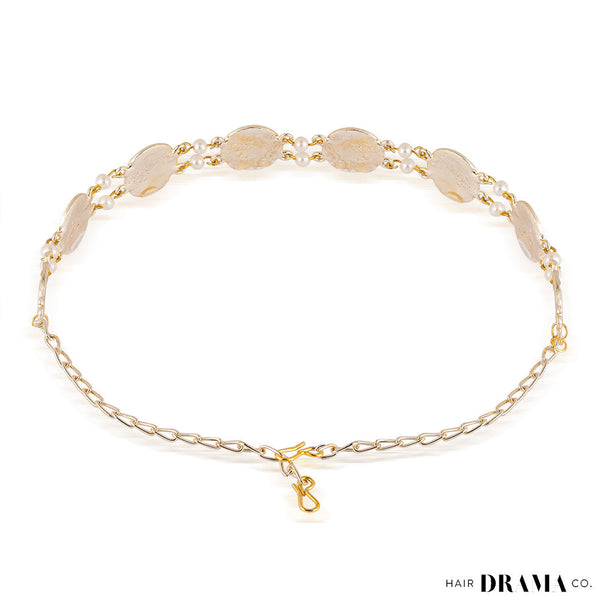 Gold Plated Hair Band for Women with Pearls and Enamel - Green and Red