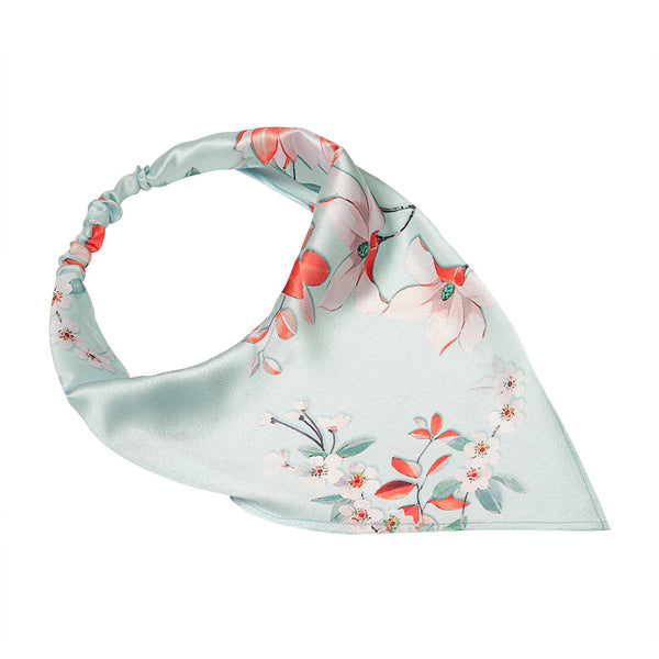 Blue Floral Satin Headscarf Headband with Elastic