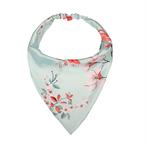 Blue Floral Satin Headscarf Headband with Elastic