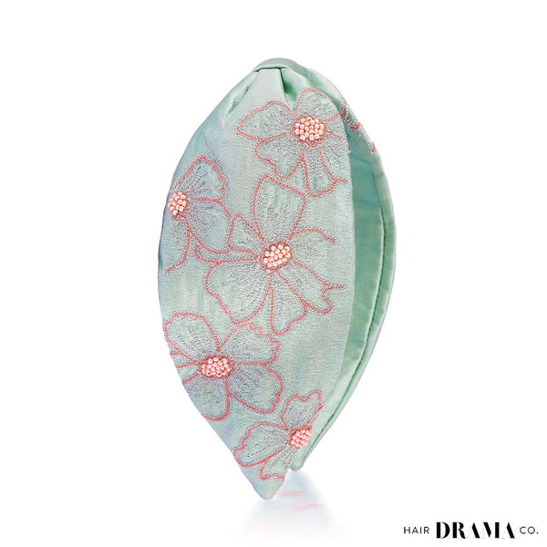 Flower Motif Knotted Headband - Mint Green
