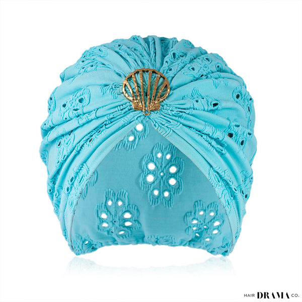 Blue Cutwork Turban with Shell Metal Broach