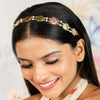 Gold Plated Hair Band for Women with Pearls and Enamel - Green and Red
