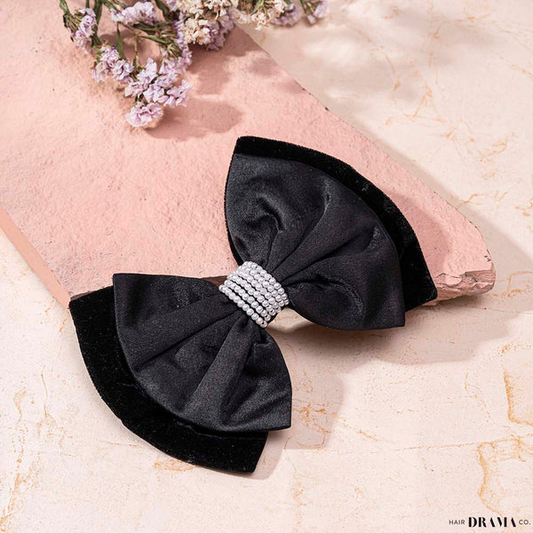 Embellished Velvet Hair Bow Alligator Clip - Black