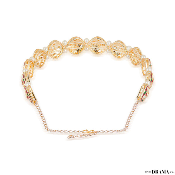 Red and Green Gold Plated Hair Band with White Pearls
