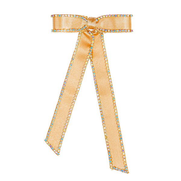 Satin Ribbon Crystal Hair Bow - Gold