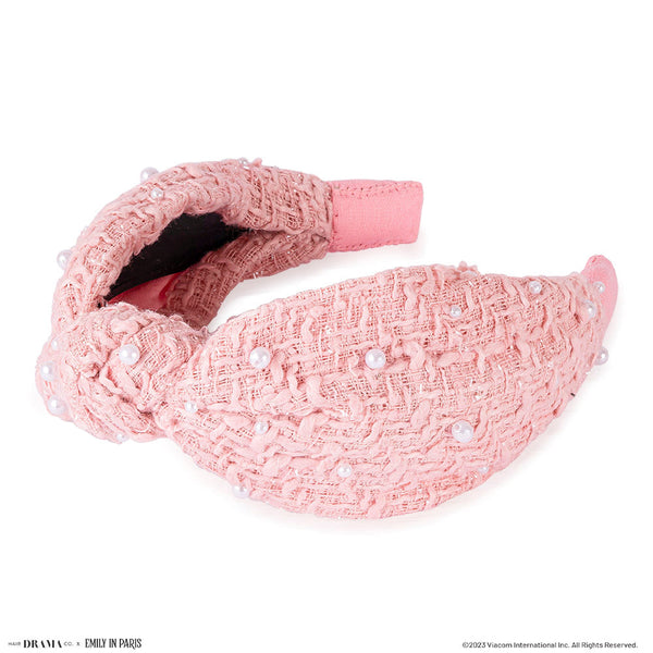 HDC X Emily In Paris Light Pink Tweed Knotted Hair Band With Pearls