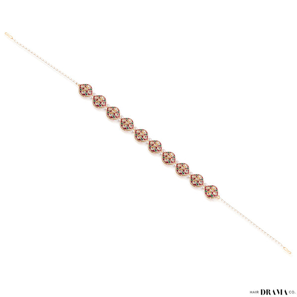 Red and Green Gold Plated Hair Band with White Pearls