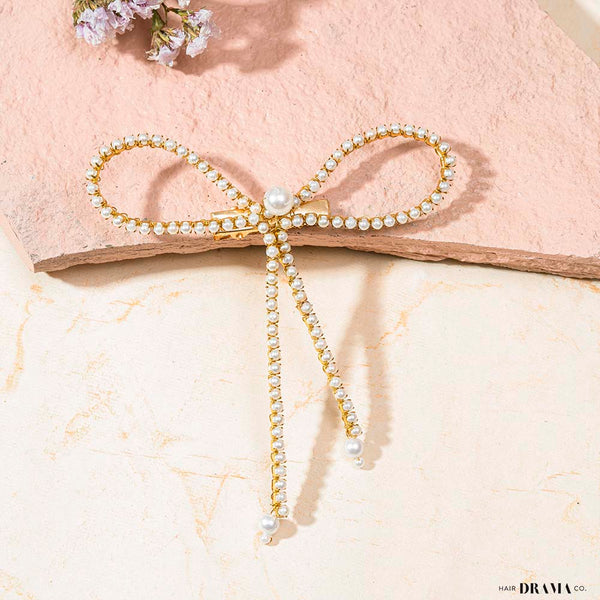 Pearl Hair Bow Alligator Clip - Gold
