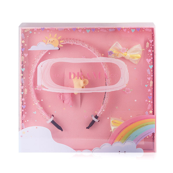 HDC 5 pieces Hair Accessories Gift Set with 1 Crystal Beaded Hair Band, 2 Bow Hair Ties & 2 Mini Clamps - Pink
