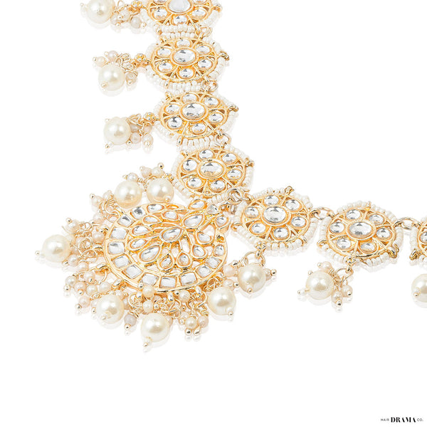 Gold Plated Mathapatti with Polki, Beads and White Pearl Drops