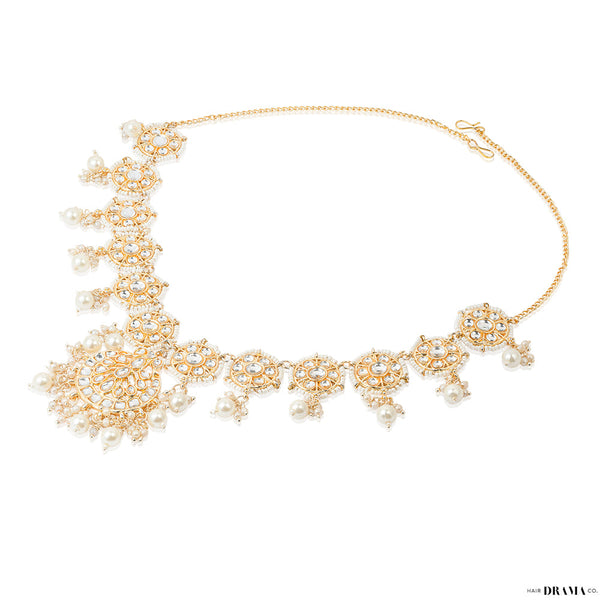 Gold Plated Mathapatti with Polki, Beads and White Pearl Drops