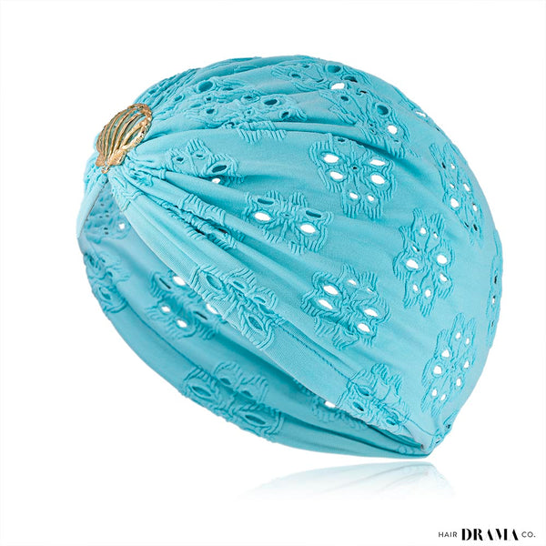 Blue Cutwork Turban with Shell Metal Broach