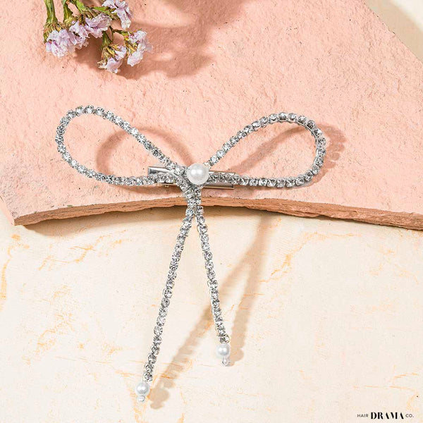Crystal Hair Bow Alligator Clip - Silver