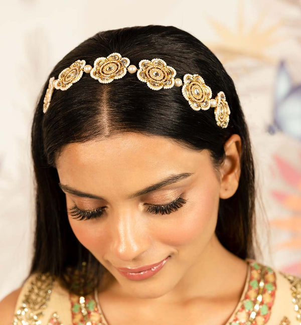 Gold Plated Hair Band for Women with Pearls, Kundan and Champagne-Gold Polki