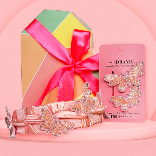 Butterfly Gift Box with 1 Embroidered Hair Band and 2 Hair Pins - Peach