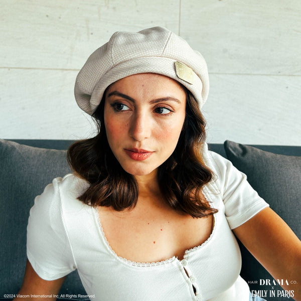 HDC X Emily In Paris White Beret with Metal Bonjour Broach