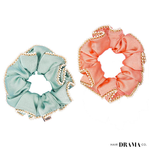 Set of 2 Silk Satin Scrunchies with Pearls - Pink & Mint Green