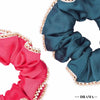 Set of 2 Silk Satin Scrunchies with Pearls - Pink & Green