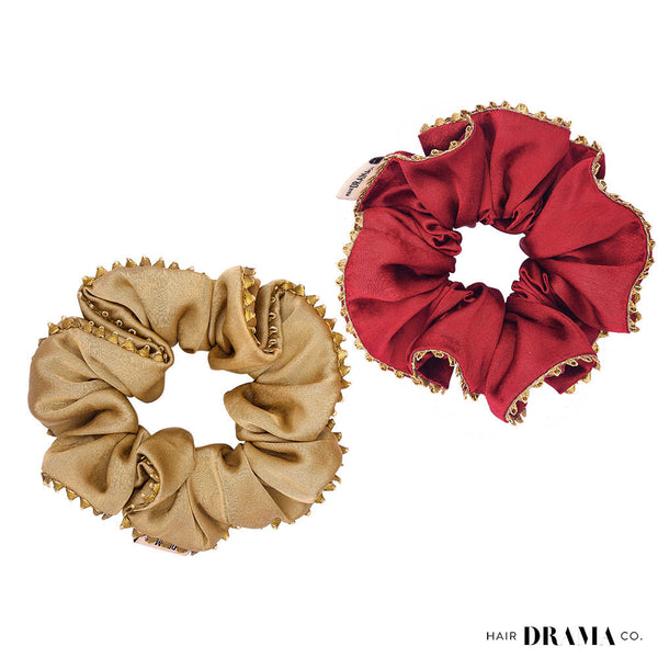 Set of 2 Silk Satin Scrunchies with Gota Patti - Red & Beige
