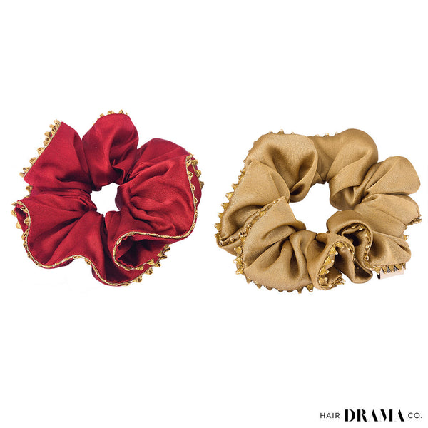 Set of 2 Silk Satin Scrunchies with Gota Patti - Red & Beige