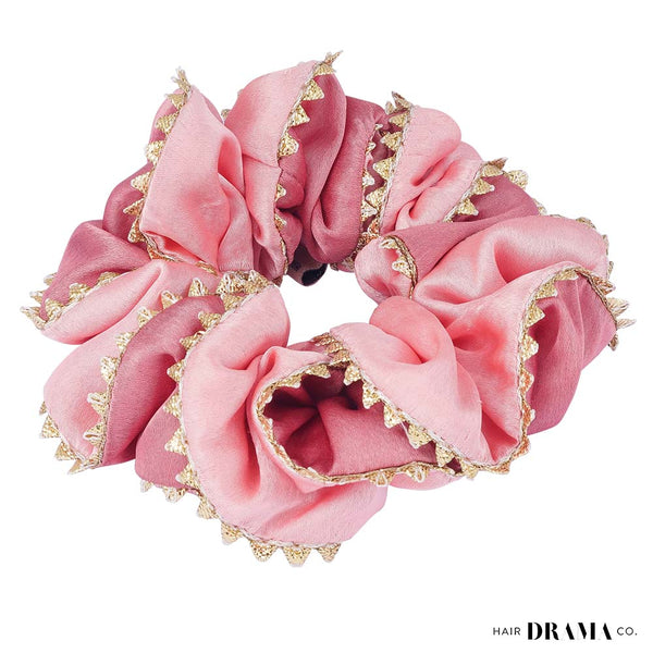 Large Dual color Silk Satin Scrunchy with Gota Patti - Pink & Peach